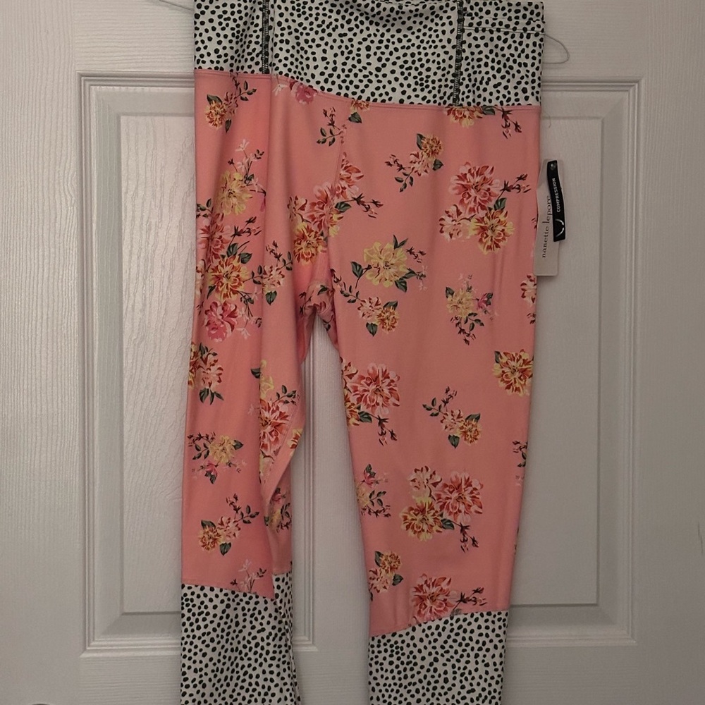 Floral Pink Leggings with Polka Dot Waistband